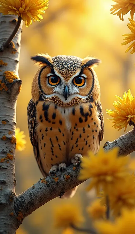 The owl sits intently on a birch branch, This big, , bright eyes, is captivating and attentive. The plumage of the bird blends seamlessly with the environment, in the form of bright yellow and black spots, reveal the feathers, , reflecting the texture and ...