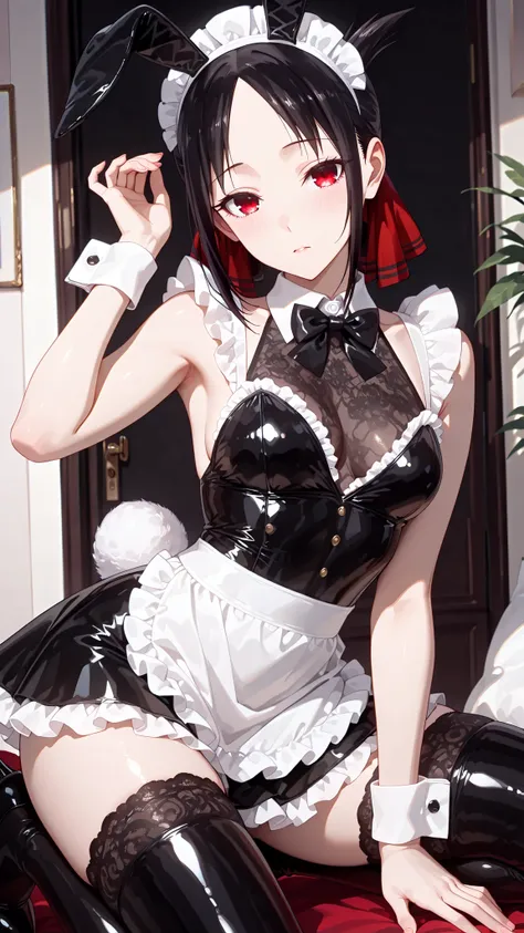 (shinomiya kaguya),(masterpiece, best quality, ultra-detailed, 8k, anime style), glossy black latex bunny girl outfit with white frilled trim, sleeveless, sweetheart neckline, short latex skirt with white frilled apron, fluffy white bunny tail, black latex...