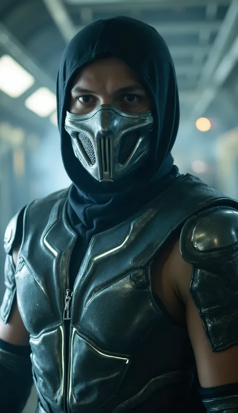 Close-up portrait of Tom Holland como Smoke, de mortal kombat gray armor with faint white neon threads.
Mask: polished silver mask closed over the mouth, vents emitting soft smoke.
Background: futuristic corridor, heavy mist, glowing lights in distance.
Li...