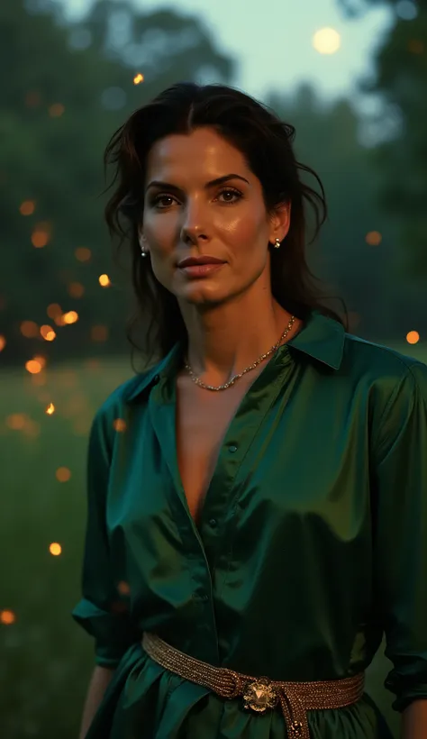 Close-up portrait of Sandra Bullock, emerald green satin jumpsuit with golden belt, minimalistic jewelry.
Background: mystic forest clearing at twilight, glowing fireflies floating around.
Lighting: soft emerald ambient glow, moonlight illuminating her fac...