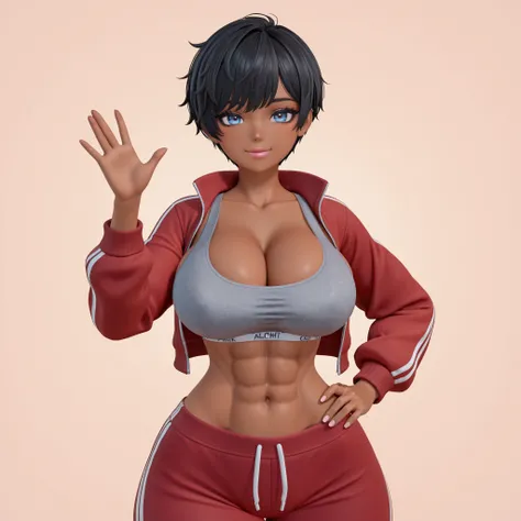masterpiece, ultra-HD, impressionism, high detail, best quality, very aesthetic, 8K, best quality, beautiful, ultra-high resolution, 32K UHD, 3D, VRChatStyle, 1girl, solo, short messy black hair, pixie cut, blue eyes, almond-shaped eyes, eyelashes, black e...