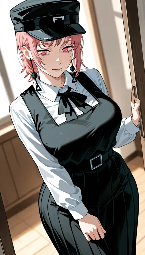 masterpiece, best quality, amazing quality, front light, mature female, very aesthetic, intricate details, depth of field, cel shading, 1girl, f4mi, fami (chainsaw man), csmfami, multiple moles, mole under eye, mole under mouth, pink hair, pink eyes, ringe...