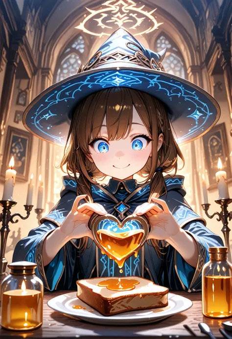 (high quality, Ultra Hi-Res, masterpiece, Super Detailed,8k, fine-grained), Fantasy World, girls, wizard costume, Wizard Hat, brown hair, semi-long, beautiful character design, perfect contrast with open panel, young face, beautiful and delicate eyes, expr...