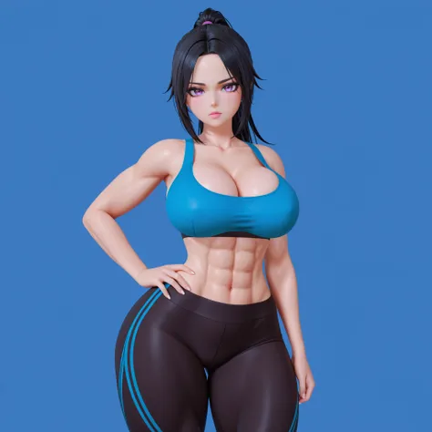 masterpiece, ultra-HD, impressionism, high detail, best quality, very aesthetic, 8K, best quality, beautiful, ultra-high resolution, 32K UHD, 3D, VRChatStyle, 1woman, solo, long black hair, ponytail, parted bangs, forehead, purple eyes, almond-shaped eyes,...