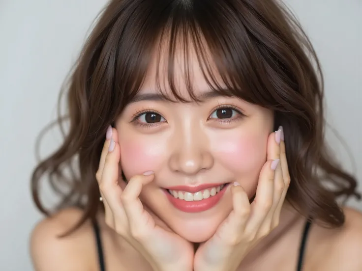 (Refined from an old photo, recreated in a modern, ultra high-quality photorealistic style, with a trendy Reiwa-era hairstyle: soft semi-long hair with natural waves and airy see-through bangs), 
Ultra photorealistic close-up portrait of a beautiful Japane...