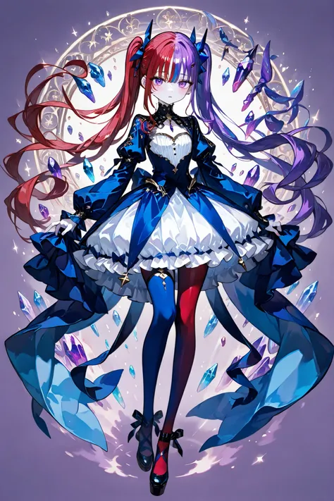 (pull_pigtails,TWO-TONE HAIR,SPLIT-COLOR HAIR) The girl is a magician. She has pale skin and a petite, flat-chested build. She has big purple eyes with long eyelashes. She has two-tone red-and-blue color hair tied in two pigtails. She is wearing a long two...