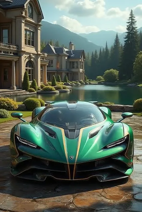 A realistic Full view Photograph of a Lamborghini Revuelto it is parked in front of a beautiful mansion with a lake and forest in the background, the Lamborghini Revuelto is metallic green colour with a gold stripe