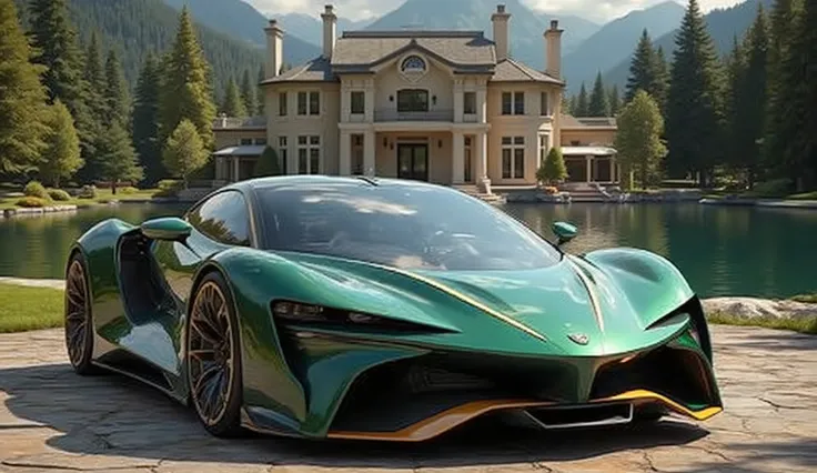 A realistic Full view Photograph of a Lamborghini Revuelto it is parked in front of a beautiful mansion with a lake and forest in the background, the Lamborghini Revuelto is metallic green colour with a gold stripe