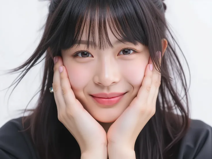 (Refined from an old photo, recreated in a modern, ultra high-quality photorealistic style, with a trendy Reiwa-era hairstyle: soft semi-long hair with natural waves and airy see-through bangs),
Ultra photorealistic close-up portrait of a beautiful Japane...
