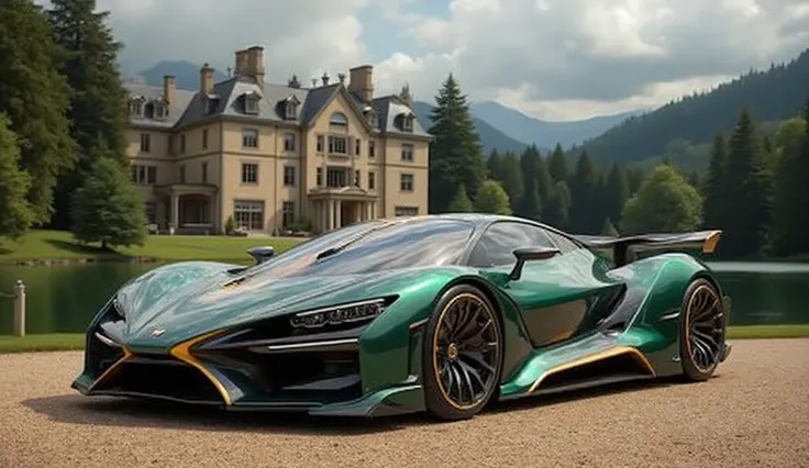 A realistic Full view Photograph of a Lamborghini Revuelto it is parked in front of a beautiful mansion with a lake and forest in the background, the Lamborghini Revuelto is metallic green colour with a gold stripe