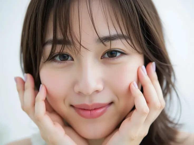 (Refined from an old photo, recreated in a modern, ultra high-quality photorealistic style, with a trendy Reiwa-era hairstyle: soft semi-long hair with natural waves and airy see-through bangs), 
Ultra photorealistic close-up portrait of a beautiful Japane...