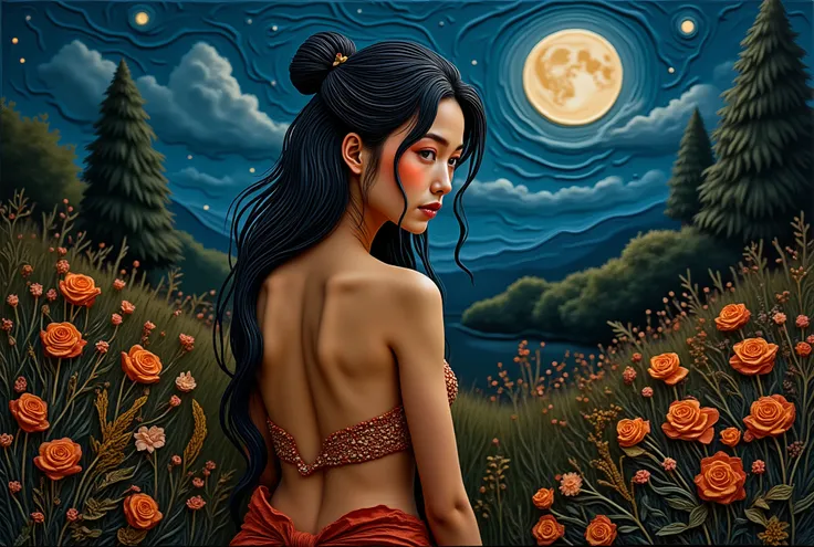 a naked native girl, realistic, detailed, detailed facial features, standing in a garden, filled with colorful flowers, moonlit night, dramatic lighting, photorealistic, 8K, physically-based rendering,professional,vivid colors,intricate details