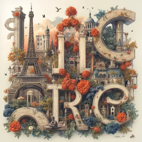 French abstract composition, French letters, or French landmarks entwined with letters of the French alphabet. an image with all proportions, an abstract image, in 8K high quality