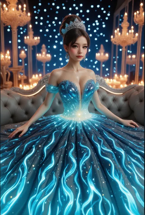 A high-resolution, detailed 3D rendering style. A young woman with big bobs, douyin-style makeup, adorned in a lavish gown, strapless dress, is seated against the backdrop of an elegant, tufted sofa. Her gown is striking, with a shimmering bodice adorned w...