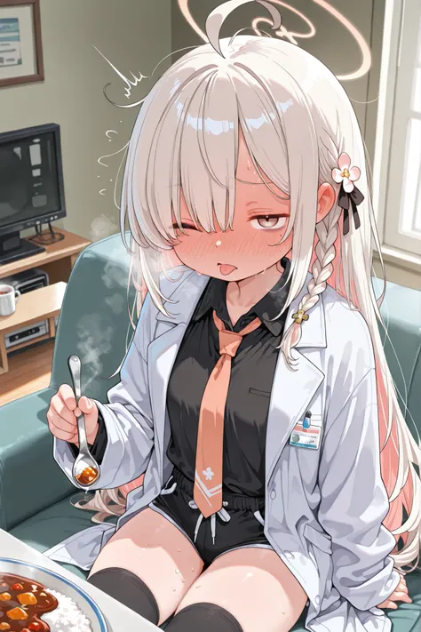 (masterpiece、 Highest Quality 、score_9、score_8_ up、score_7_ up)source_anime,(anime coloring:1.2),1girl,(looking at viewer,),sitting
(living room,Put your hands on the couch,table)curry rice,red curry,(curry riceを食べる),Very painful,spoon,holding,detailed han...