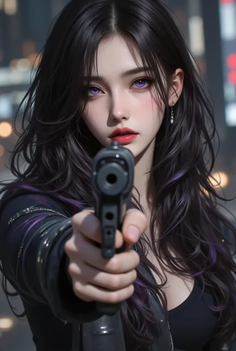 photorealistic、realistic skin texture、gun、extremely tight cyberpunk suit、beautiful long hair、Dusky Cyberpunk City、Beautiful Thin Violet Eyes、Black hair with slightly purple tips、gun口がカメラに向かって、cleavage