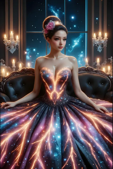 A high-resolution, detailed 3D rendering style. A young woman with big bobs, douyin-style makeup, adorned in a lavish gown, strapless dress, is seated against the backdrop of an elegant, tufted sofa. Her gown is striking, with a shimmering bodice adorned w...