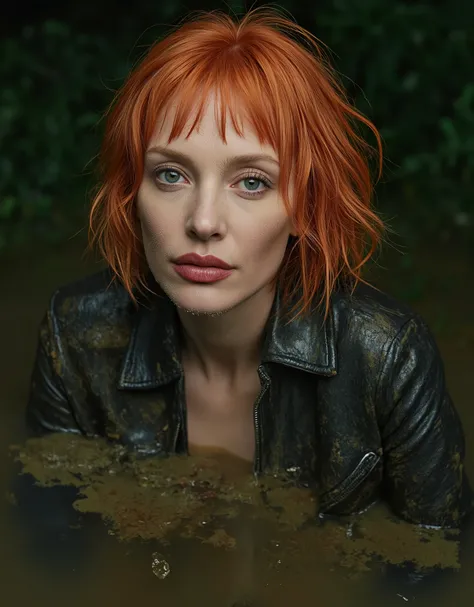 affordable dehydrated mature mom , lipstick with vulgar makeup , duckweed, drowning in a muddy muddy swamp . eye bags, wrinkles, overheated , mud-covered, leather biker jacket,, brunette orange bob-cut,, in sexual tension , Night, blue, beige, ...