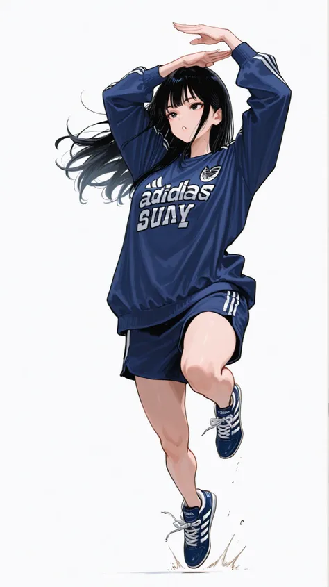 Japanese woman, long black hair, navy blue jersey,Adidas tech sneakers, Pose, Dynamic Jumping、Muay Thai、ダイナミックなPose, random background, white background/