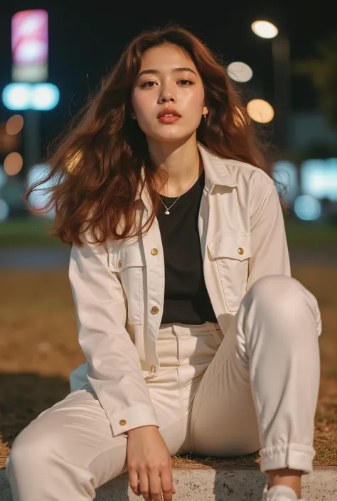 long brown hair blowing in the wind、sitting quietly on the edge of a park。Night Street Corner、a plump and beautiful 25-year-old Japanese woman。she is wearing a pure white cargo jacket over a black T-shirt、white cargo pants、white Nike shoes。She is surrounde...