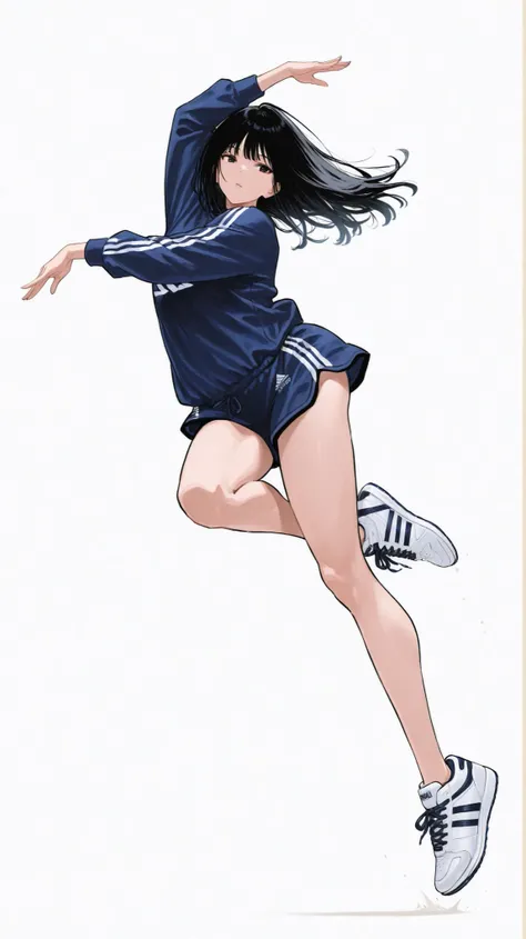 Japanese woman, long black hair, navy blue jersey,adidas Hi-Tech Sneakers, Pose, Dynamic Jumping、Rhythmic gymnastics、ダイナミックなPose, random background, white background/ dynamic random composition 、anatomically correct、