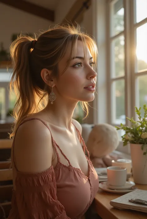 Quiet summer morning in a cafe, Beautiful woman about 25 years old looking out, Photorealistic, Masterpiece, Top quality, Raw image, Detailed face, Attractive face, Dynamic pose.