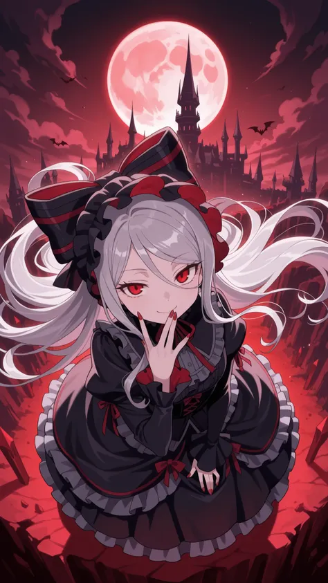 BREAK (masterpiece:1.2),Ancient gothic castle perched on a jagged cliff,
enormous blood-red full moon rising behind it,
clouds swirling around the spires,
dark fantasy atmosphere, dramatic lighting, ultra detailed, no peopleshalltear, grey hair, long h...