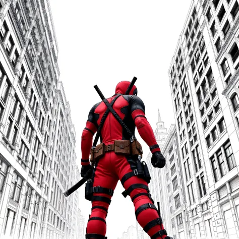 "Create a highly stylized comic-book illustration of Deadpool standing in the middle of a narrow city street, viewed from a dramatic low-angle perspective. The scene should be tilted slightly for a dynamic, action-packed feel. Deadpool is in his iconic red...