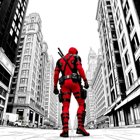 "Create a highly stylized comic-book illustration of Deadpool standing in the middle of a narrow city street, viewed from a dramatic low-angle perspective. The scene should be tilted slightly for a dynamic, action-packed feel. Deadpool is in his iconic red...
