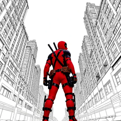 "Create a highly stylized comic-book illustration of Deadpool standing in the middle of a narrow city street, viewed from a dramatic low-angle perspective. The scene should be tilted slightly for a dynamic, action-packed feel. Deadpool is in his iconic red...