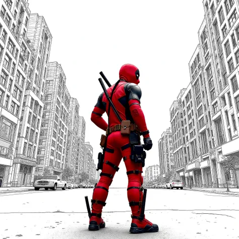 "Create a highly stylized comic-book illustration of Deadpool standing in the middle of a narrow city street, viewed from a dramatic low-angle perspective. The scene should be tilted slightly for a dynamic, action-packed feel. Deadpool is in his iconic red...