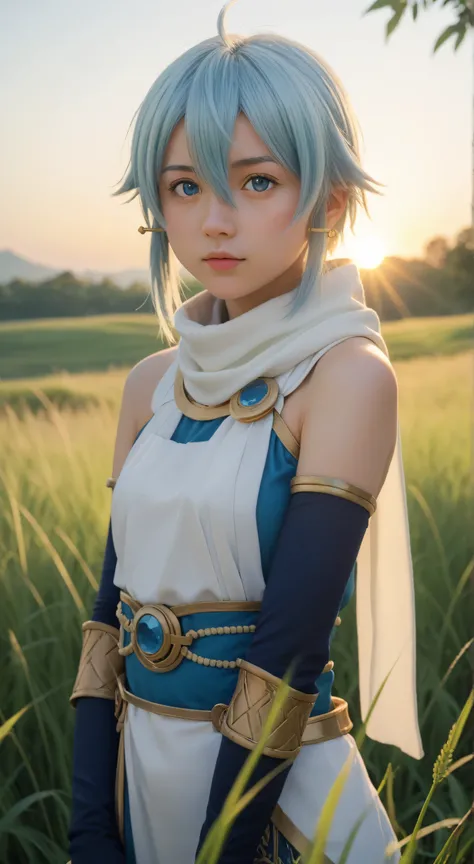 1girl, solo,asada shino,blue eyes,blue hair,hair between eyes, short,outdoors,potrait,small breast,nature,standing under ruins,sidelocks,(sunset lighting:1.5),red sunset,looking at viewer, front view,close up,white scarf,arm warmers,black glove,(tall grass...