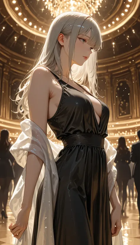 RAWPicture, Picture, realistic, 8K vivid Picture of a woman in concert hall, 超details, details, Dramatic Lights, detailsな肌, character boundary depth, Sparkling、sparkle、Shadows 、grey eyes, ((black dress、loose fit dress and shawl、A body silhouette that can b...