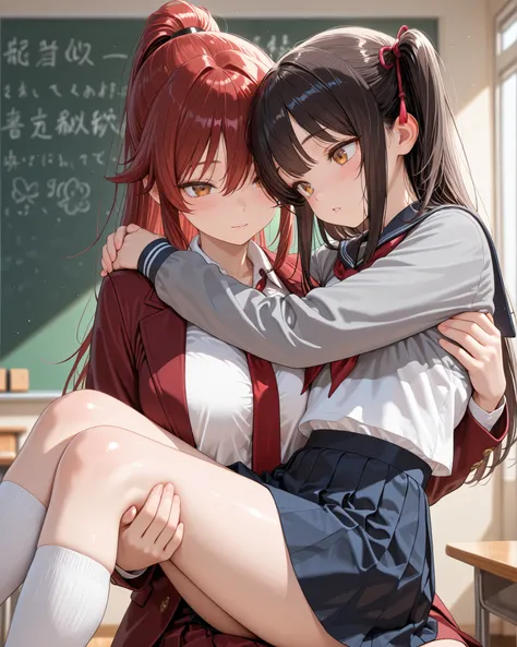 masterpiece, best quality, amazing quality, 2 girls. Beautiful teacher carrying her student girlfriend on her lap wearing school uniform. Mini skirt. . 