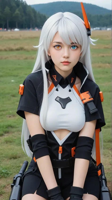 Masterpiece, best quality, 8k, ultra high resolution, photorealistic, cinematic composition,1girl, solo,kiana kaslana void drifter,white hair,long hair,outdoors,potrait,medium breast,heterochromia eyes,(front view:1.4),looking at viewer, potrait,close up,(...