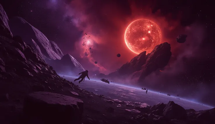 An astronaut floating silently near an abandoned space station orbiting a dying star. Debris drifts slowly in zero gravity, illuminated by the eerie red and violet hues of the collapsing star. The background is filled with scattered asteroid fields and dis...