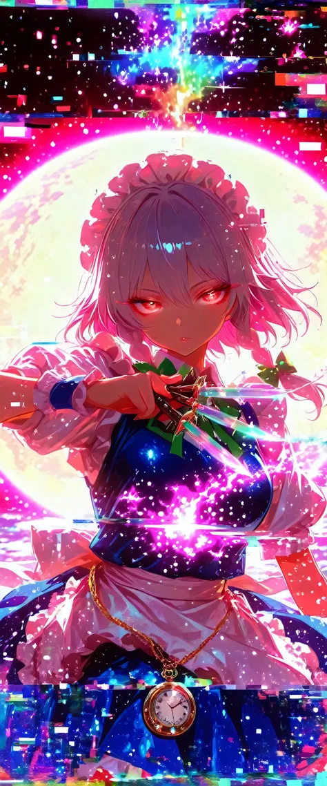 touhou project,Izayoi Sakuya,(beautiful girl: 1.3),masterpiece,Ultra-high resolution,Rich contrast,Very high quality,8k,Highly detailed CG unit wallpaper,Texture,So ridiculous,RAW Photos,Depth of written boundary 1.2,ultra-detailed eyes,Glowing Skin,Glitte...