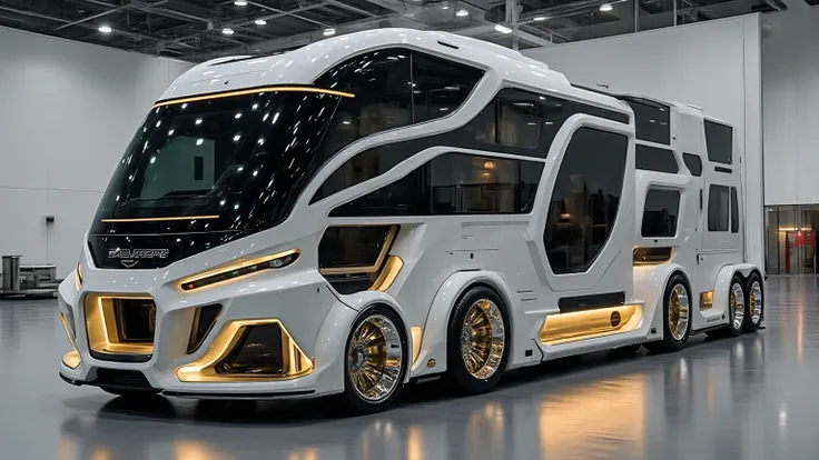 DE_style,A futuristic luxury motorhome displayed inside a spacious modern showroom with high ceilings, large lights, and wide open floor space. The motorhome is sleek, aerodynamic, and futuristic in design, with a glossy white exterior and sharp, flowing l...