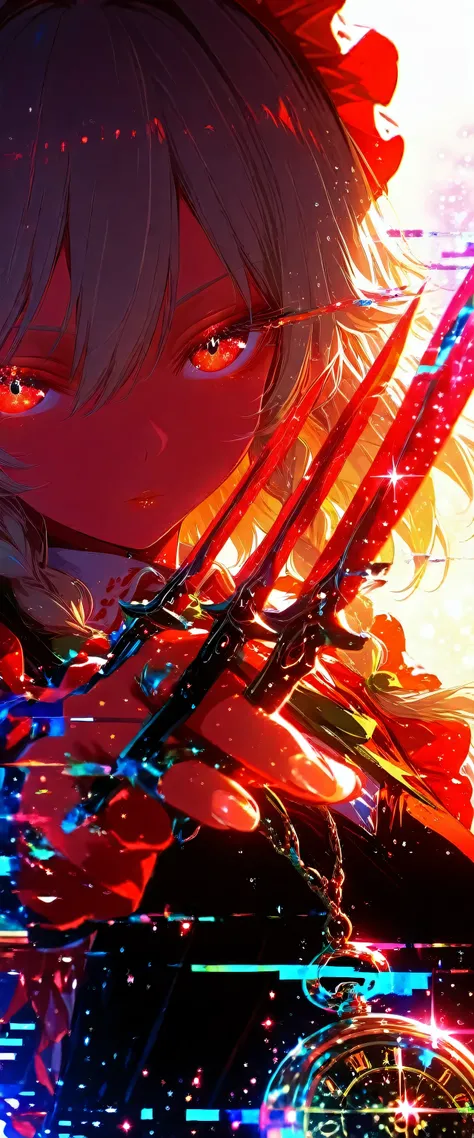 touhou project,Izayoi Sakuya,(beautiful girl: 1.3),masterpiece,Ultra-high resolution,Rich contrast,Very high quality,8k,Highly detailed CG unit wallpaper,Texture,So ridiculous,RAW Photos,Depth of written boundary 1.2,ultra-detailed eyes,Glitter Effect,Beau...