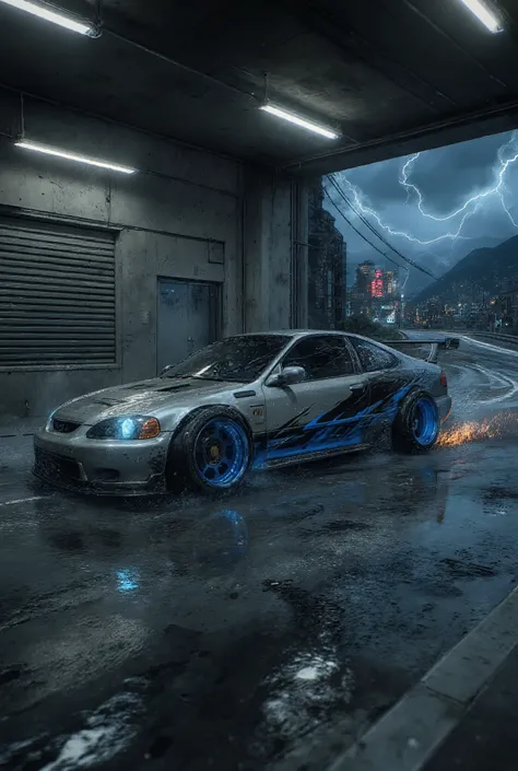 The image is a 3D rendering of a tuned sports car, a tuned 1998 Honda Civic coupe, very low suspension, sparkling, metallic silver, heavy, wheels turned outwards, wide tires, tinted windows, dynamic, parked in a concrete garage. The car is located on the l...