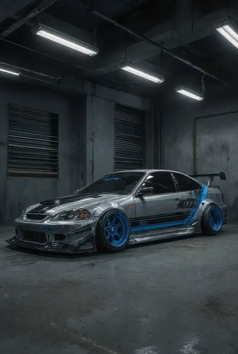 Suggestive
Txt2Img
The image is a 3D rendering of a tuned 1998 Honda Civic coupe sports car, with very low suspension, sparkling metallic silver, heavy, wheels turned outwards, wide tires, tinted windows, parked in a concrete garage. The car is located on ...