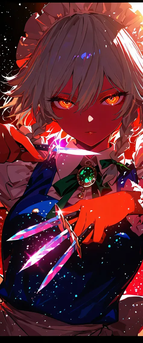 touhou project,Izayoi Sakuya,(beautiful girl: 1.3),masterpiece,Ultra-high resolution,Rich contrast,Very high quality,8k,Highly detailed CG unit wallpaper,Texture,So ridiculous,RAW Photos,Depth of written boundary 1.2,ultra-detailed eyes,Glowing Skin,Glitte...