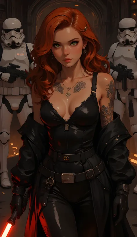 Score_9, score_8_up, score_7_up, ((highest quality)), ((masterpiece)), Perfect Face, (High definition), (Best Shadow), 8k, cinematic. a woman sith,Mara Jade, beautiful woman, red wavy hair, green eyes and white skin, black tattooed body, wears the classic ...