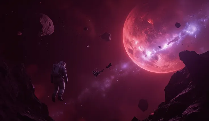 An astronaut floating silently near an abandoned space station orbiting a dying star. Debris drifts slowly in zero gravity, illuminated by the eerie red and violet hues of the collapsing star. The background is filled with scattered asteroid fields and dis...