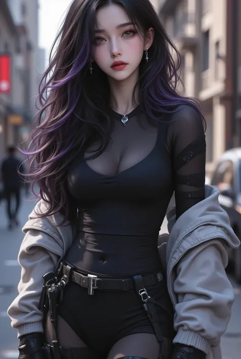 photorealistic、realistic skin texture、gun、Extremely Tight Cyberpunk Catsuit、beautiful long hair、Dim Cyberpunk City、Beautiful Thin Violet Eyes、Black hair with slightly purple tips、thinウエスト、Beautiful Standing、Equipped on a Belt、thin、style is good、Shoulder-wi...