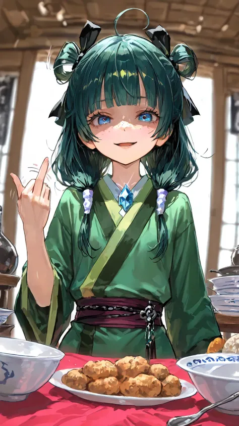 maomao \(kusuriya no hitorigoto\) A young female wearing a green outfit, looking directly at the viewer with a serious expression. she has striking blue eyes and a small nose, and her hair is styled in a long, straight cut with blunt bangs. the background...