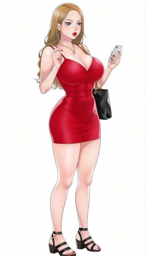 Yumi (New Town), a beautiful woman with long sleek glowy-blonde hair, big bright-blue eyes, bimbo plump round bright-red lips, red nails, extremely fair white glowy skin, a cinched small tight narrow waist, an hourglass figure, big breasts, a small tight c...