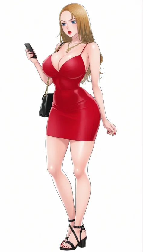 Yumi (New Town), a beautiful woman with long sleek glowy-blonde hair, big bright-blue eyes, bimbo plump round bright-red lips, red nails, extremely fair white glowy skin, a cinched small tight narrow waist, an hourglass figure, big breasts, a small tight c...