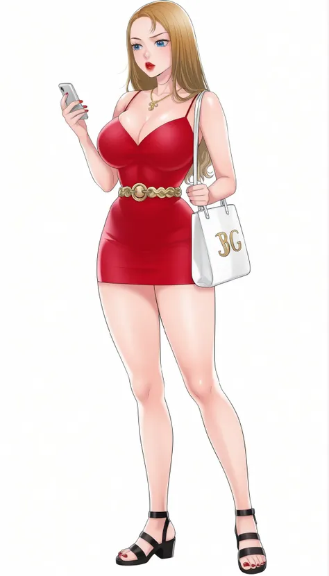 Yumi (New Town), a beautiful woman with long sleek glowy-blonde hair, big bright-blue eyes, bimbo plump round bright-red lips, red nails, extremely fair white glowy skin, a cinched small tight narrow waist, an hourglass figure, big breasts, a small tight c...