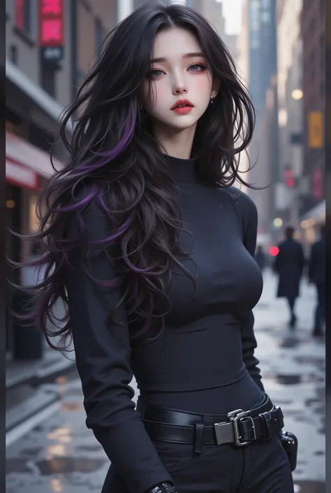 photorealistic、realistic skin texture、gun、Extremely Tight Cyberpunk Catsuit、beautiful long hair、Dim Cyberpunk City、Beautiful Thin Violet Eyes、Black hair with slightly purple tips、thinウエスト、Beautiful Standing、Equipped on a Belt、thin、style is good、Shoulder-wi...
